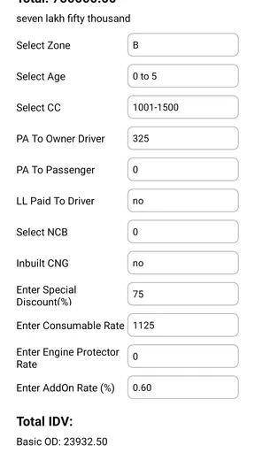Motor Insurance Calculator screenshot
