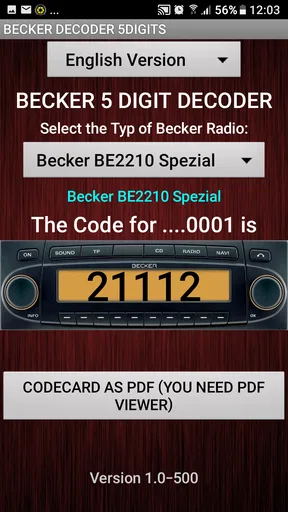 Becker 5Digit Radio Code screenshot